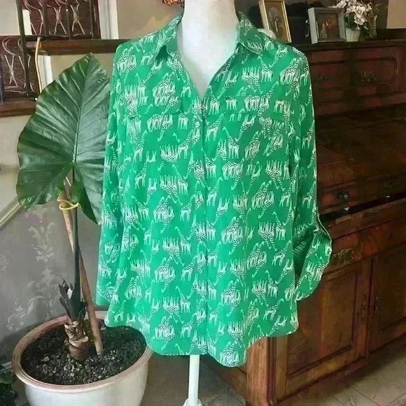 Charter Club ladies blouse NWOT green giraffe print. Never worn. PL long sleeve - Picture 6 of 7